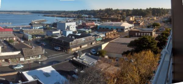 Bandon, City of - Panorama of Old Town Bandon looking east.  Highway 101 in the upper left corner.  Coquille  River in foreground. (12/1/2006 - Credits: Bob Schmaling)